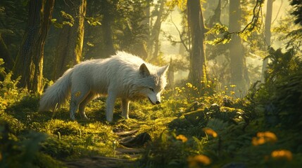 Poster - Majestic white wolf prowls through sunlit green forest glade