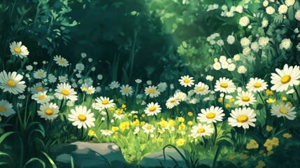 Poster - Vibrant daisies and yellow wildflowers fill a sunlit meadow scene