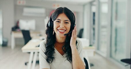 Aufkleber - Call center, headset and portrait of woman for customer support, online service and consulting video pov. Crm business, contact us and face of female worker with networking for telemarketing smile