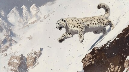 Wall Mural - Snow leopard leaps across a snowy mountain terrain