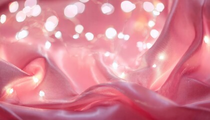 Poster - soft pink fabric background with warm fairy lights bokeh, romantic decoration for dreamy celebrations and design elements

