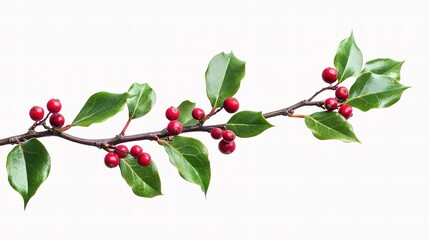 Wall Mural - Fresh European Holly Sprig with Bright Red Berries Isolated on White