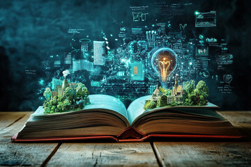 Wall Mural - an open book with a light bulb, projects and calculations on the spread lies on a wooden table. the 