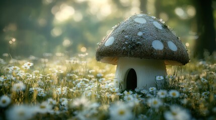 Poster - Charming mushroom house nestled amidst a field of daisies