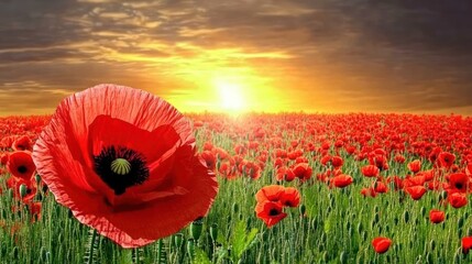 Sticker - A field of red poppies stretches to the horizon at sunset