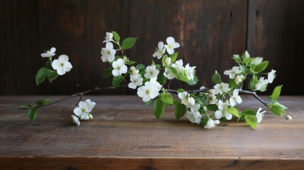 Wall Mural - Elegant Cherry Blossom Branch on Rustic Wooden Table Background