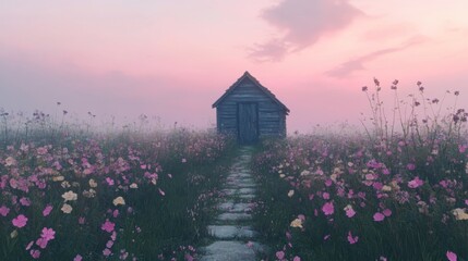 Poster - Small wooden hut amidst a field of flowers at dusk