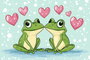 Two cartoon frogs sitting together with hearts floating above them, set against a light blue background