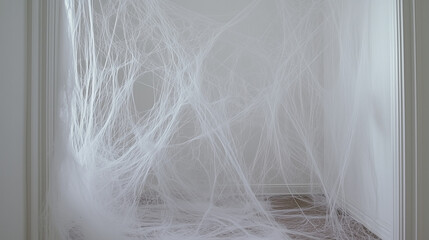 Intricate Spiderweb: A large, detailed spiderweb fills a doorway, its intricate design and delicate threads creating a mesmerizing pattern. The web stretches across the frame.