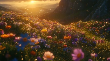 Poster - Wildflowers bloom in golden light on a mountainside meadow