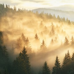 Canvas Print - Misty forest with sun rays shining through the trees