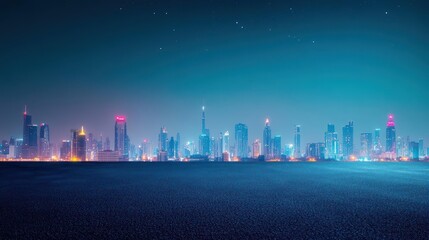 Poster - City skyline with illuminated buildings and night sky featuring stars and moonlight reflections
