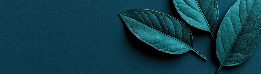 teal leaves on dark blue, nature background