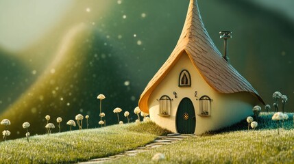 Wall Mural - Charming whimsical cottage sits on a grassy knoll with flowers