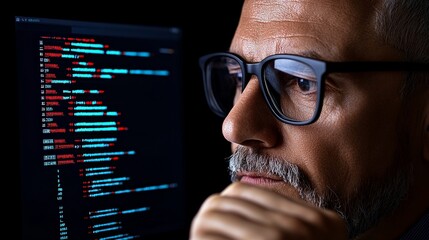 Close-Up of Focused Programmer Analyzing Code on Computer Screen