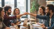 © EZPS - Happy colleagues business partners friends college students classmates giving fist bump while working studding doing home work create start up project together at the working desk