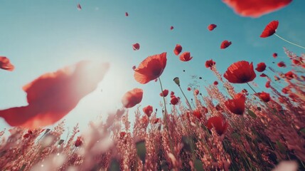 Poster - Red poppies sway gently in a vast field under sunlight