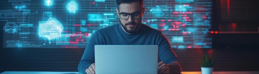 Poster - Man in blue sweater sitting at desk using laptop and looking at screen in modern office environment