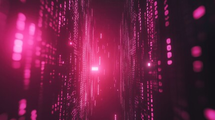 Digital tunnel with binary code streams glowing in pink hues