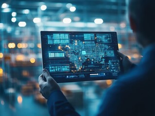 Fototapete - Man holding tablet displaying a detailed map for navigation and travel planning outdoors