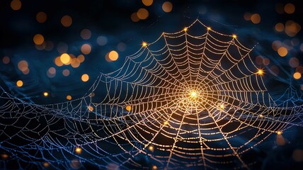 Luxe Nature-Inspired Light patterns Intricate spider web shimmering in soft light.