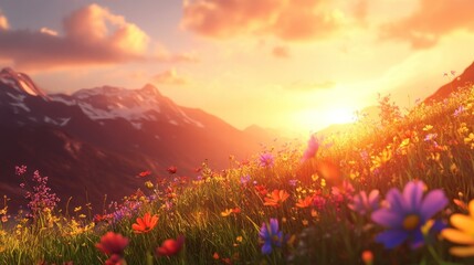 Canvas Print - Vibrant wildflowers bloom on a hillside at sunset near mountains