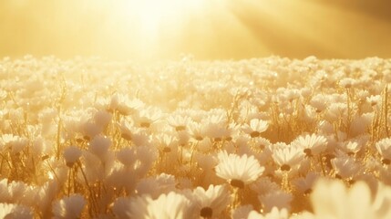 Poster - Golden sunlight shines upon a large field of daisies