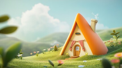 Poster - Charming cartoonish house on grassy hill with flowers and sky