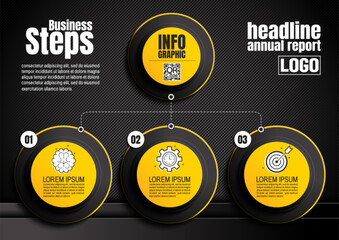 Wall Mural - black and yellow 3 step infographic template in circular design, suitable for business presentations