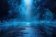 © AISTOCK - ing abstract dark empty scene blue neon searchlight light wet asphalt smoke on black background