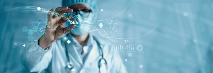 Aufkleber - Abstract DNA molecule. Doctor cutting DNA molecule and check with analysis chromosome DNA genetic of human with ai virtual interface. Medicine. Ai technology, Medical Genetic science and biotechnology