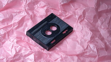 An old cassette tape lying on a crumpled pink background, evoking nostalgia and retro aesthetics