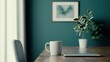 © GreenMOM - Stylish workspace featuring a mug, plant, and laptop on a wooden table with a soothing green wall.