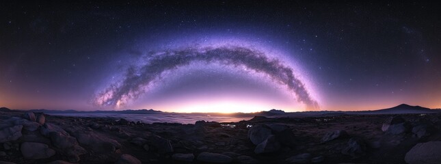 Milky Way arch over sunrise, rocky landscape,  astrophotography