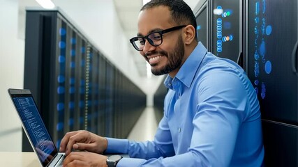 A man wearing glasses is typing on a laptop in front of a row of servers. He is focused on his work, possibly dealing with computer programming or other technical tasks