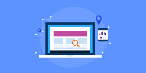 website seo analytics data on mobile screen, website page on laptop with magnifier, business technol