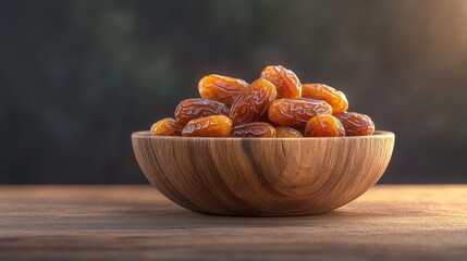 Fresh Medjool Dates in a Rustic Wooden Bowl with Natural Lighting on a Wooden Table Surface