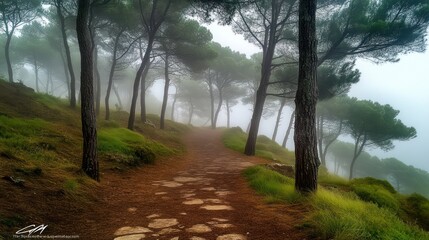 Poster - A foggy path winds through a serene forest of trees