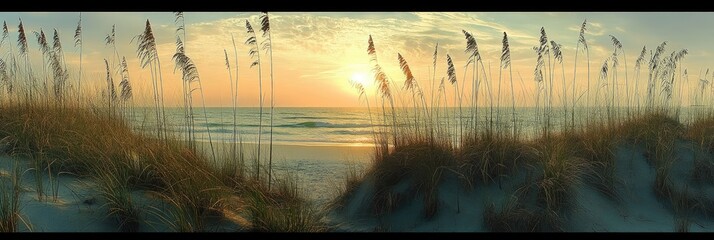 Wall Mural - Beach sunset seascape, dune grass, ocean waves