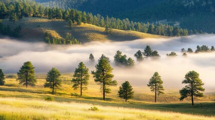 Canvas Print - Golden field with morning fog and evergreen trees present