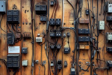 Wall Mural - A complex network of wires and electrical components on a weathered wooden panel, showcasing industrial grunge aesthetics.