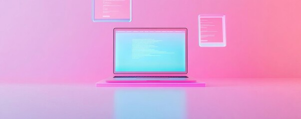 Abstract coder workspace with floating holographic website mockups