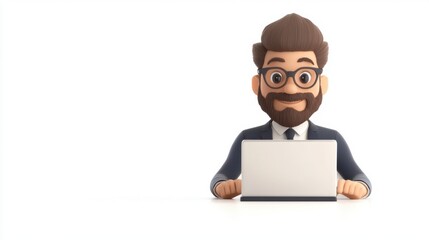 Wall Mural - A cartoonish character with glasses and a beard, dressed in a suit, sits in front of a laptop, smiling in a minimalist setting.