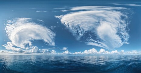 Wall Mural - ocean cloudscape 360 panoramic view of fluffy white clouds above tranquil blue sea, perfect for trav