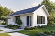 © Naruemon NS. - A modern, eco-friendly house with solar panels, surrounded by lush landscaping and a clear sky.