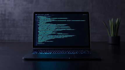 Dark-mode coding workspace, glowing blue text on a sleek black editor