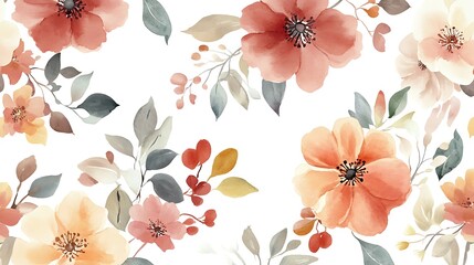 Wall Mural - Watercolor Floral Pattern: Elegant Peach and Coral Blossoms