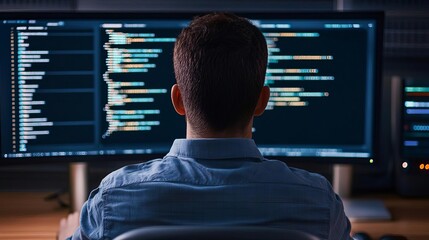 Hacker-style front-end coder working on a futuristic UI in a high-security lab
