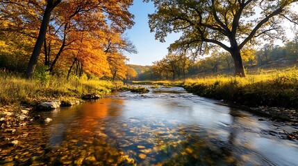 Autumn River Scene: Golden Sunlight on a Calm Stream in a Forested Valley AI Generated