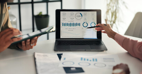 Poster - Laptop, finance and hands of business people with statistics for fintech, research and online report. Corporate, meeting and workers pointing to computer with graph, financial review and chart